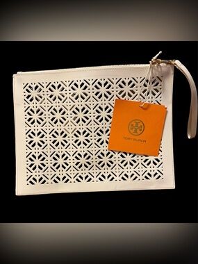 Tory Burch White Laser-Cut Leather Clutch